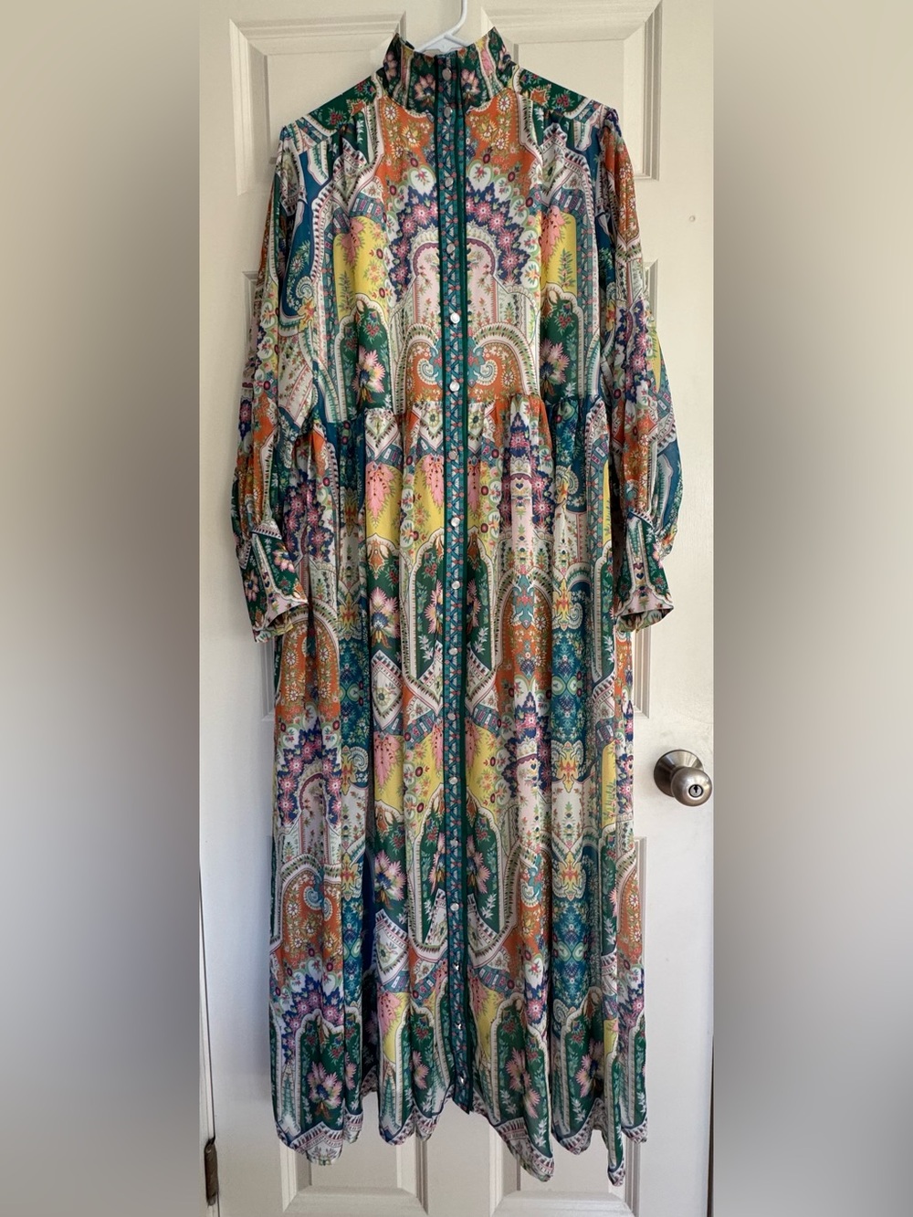 Dalia MacPhee vibrant bohemian floral long sleeve maxi dress women’s size L NWT